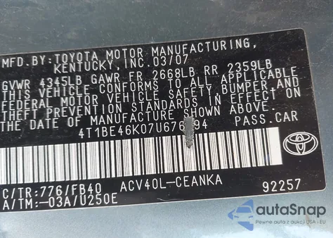 2007 Toyota Camry Le из США, поврежденный, VIN 4T1BE46K07U676294